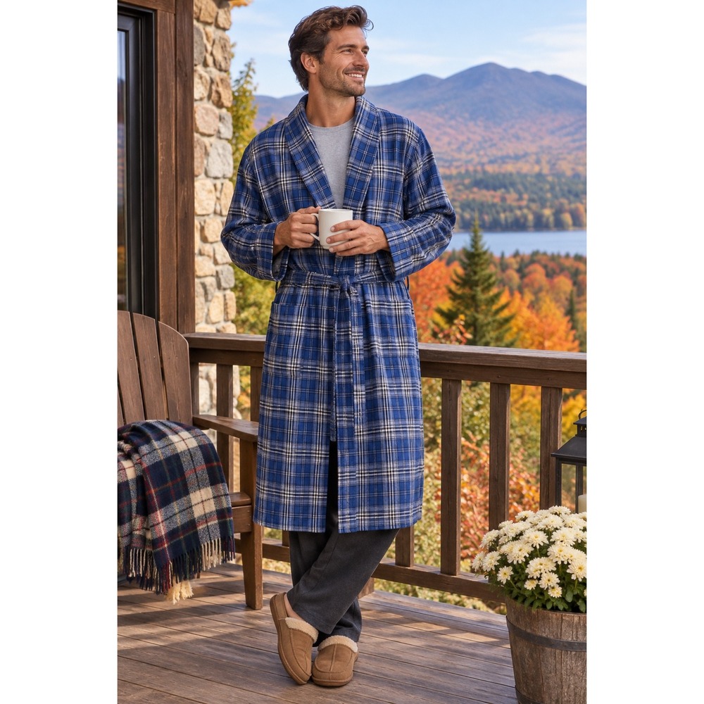 Lands' End Flannel Robe Mens Large Blue Plaid Cotton Shawl Collar Loungewear